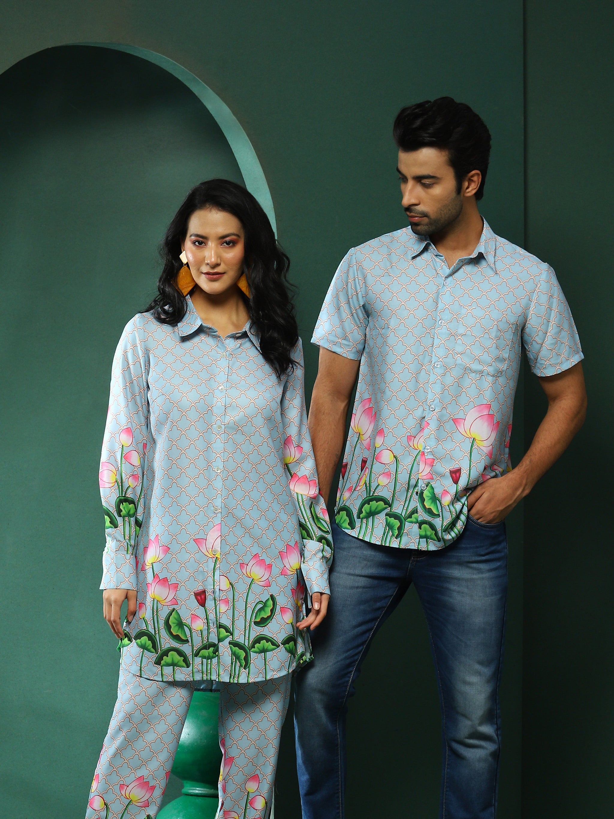 Blue Pichwai Print Couple Combo Set - Elganza