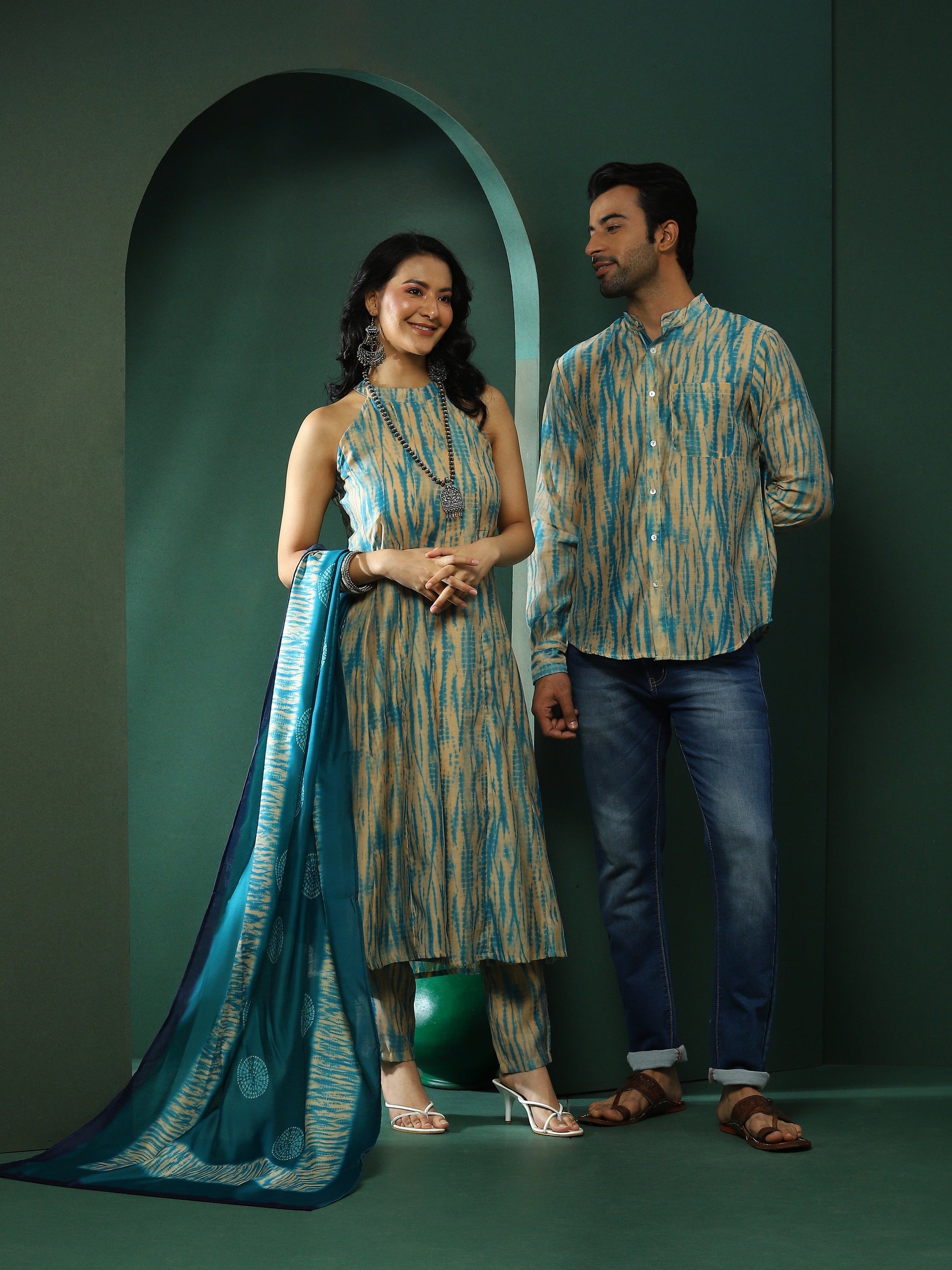 Cream Shibori Print Couple Combo Set - Elganza