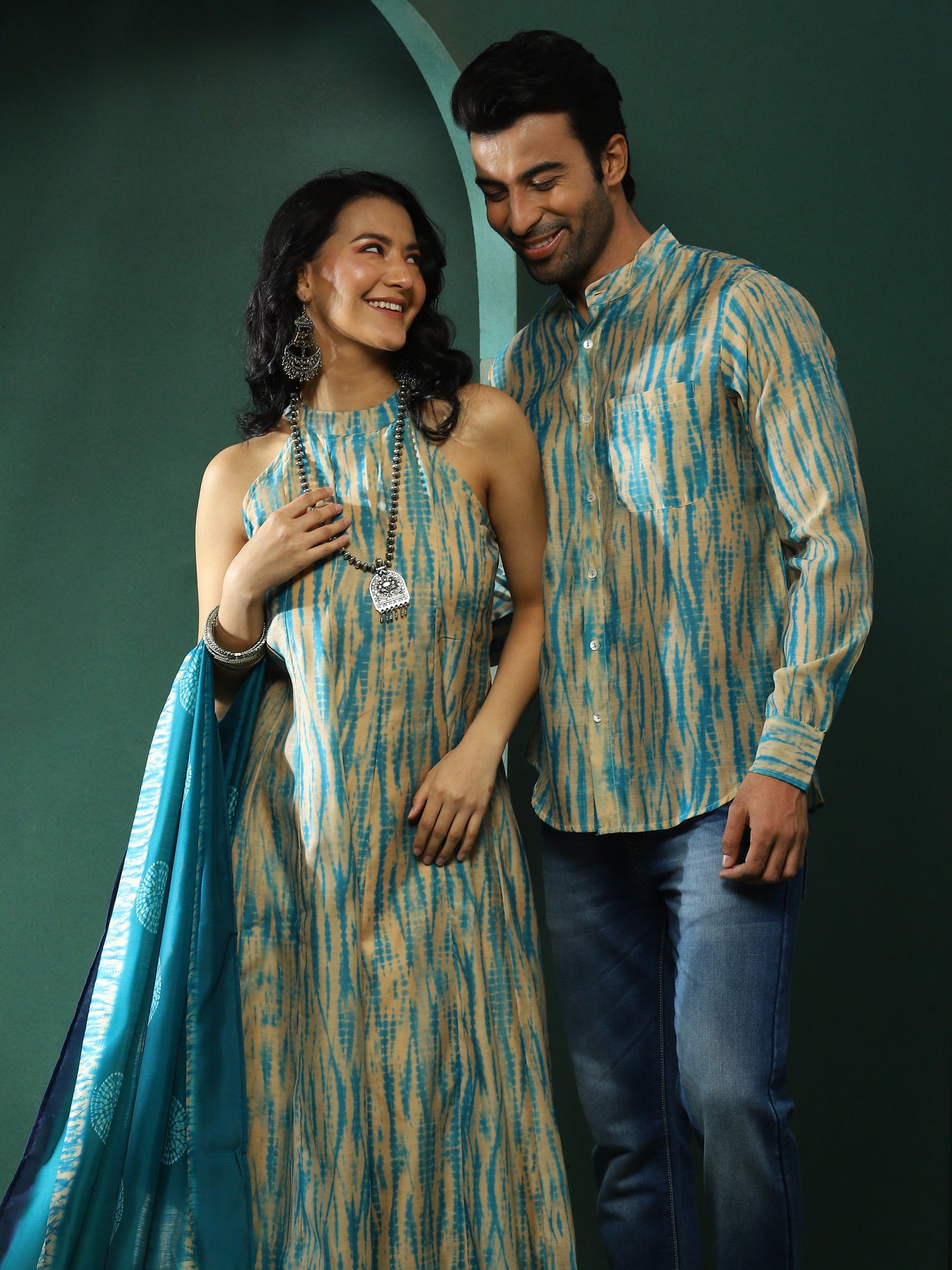Cream Shibori Print Couple Combo Set - Elganza