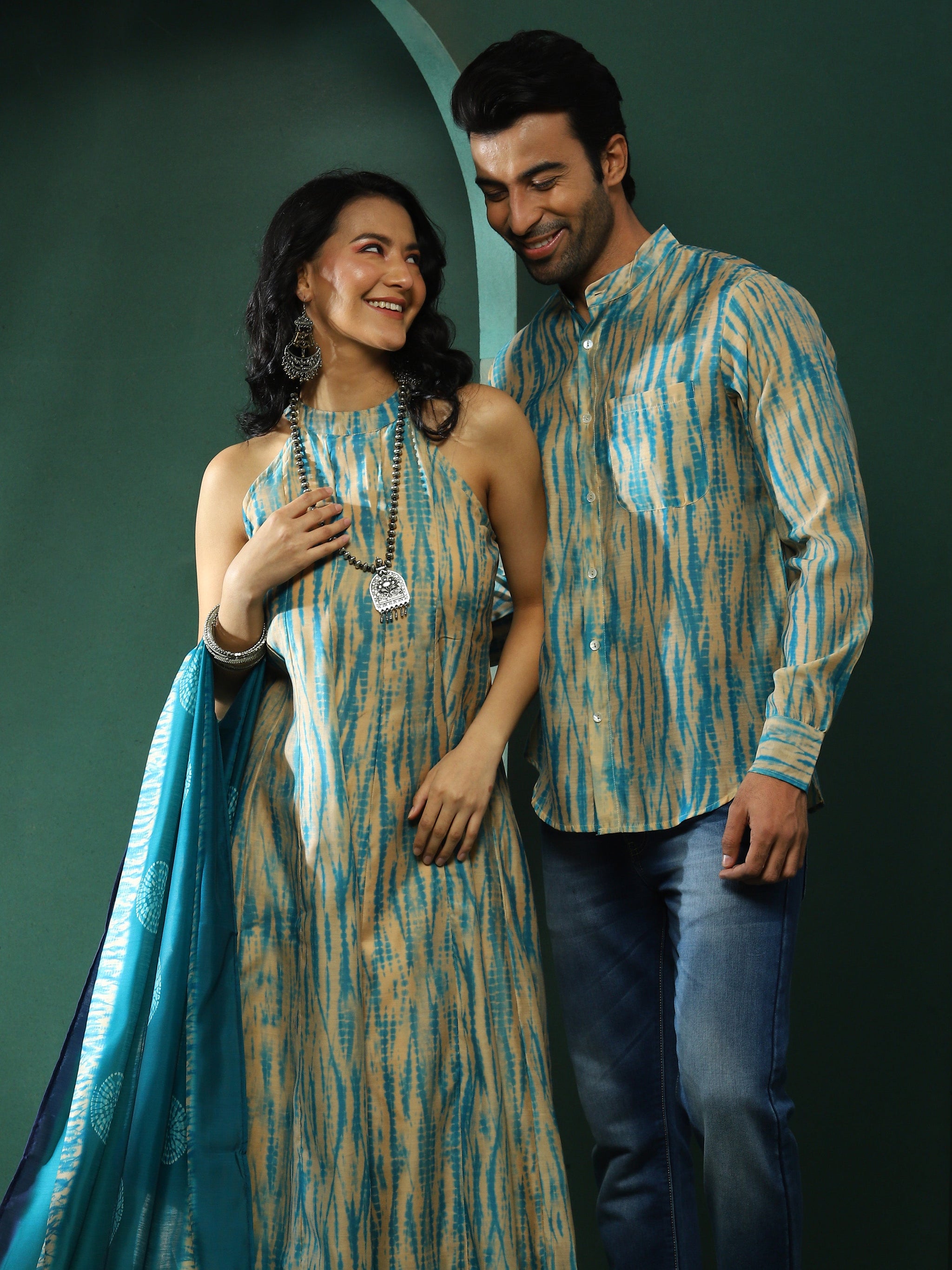 Cream Shibori Print Couple Combo Set - Elganza