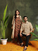 Brown & Cream Floral Print Couple Combo Set - Elganza