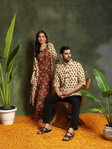 Brown & Cream Floral Print Couple Combo Set - Elganza