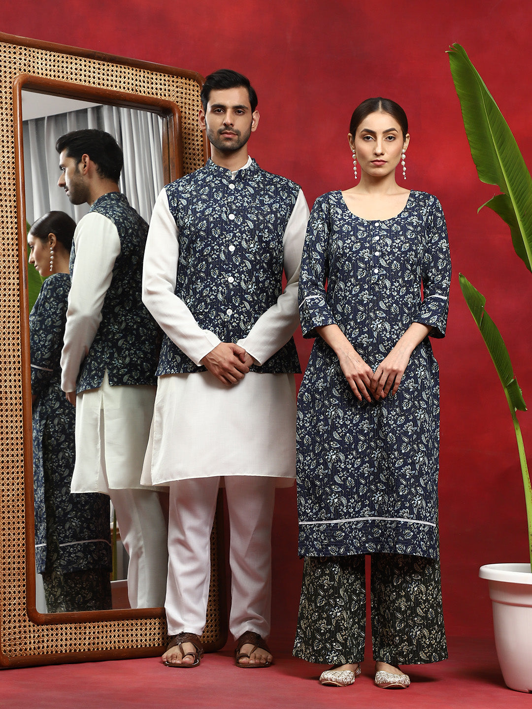 Navy Blue Kantha Work Couple Combo Set - Elganza