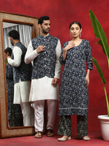 Navy Blue Kantha Work Couple Combo Set - Elganza