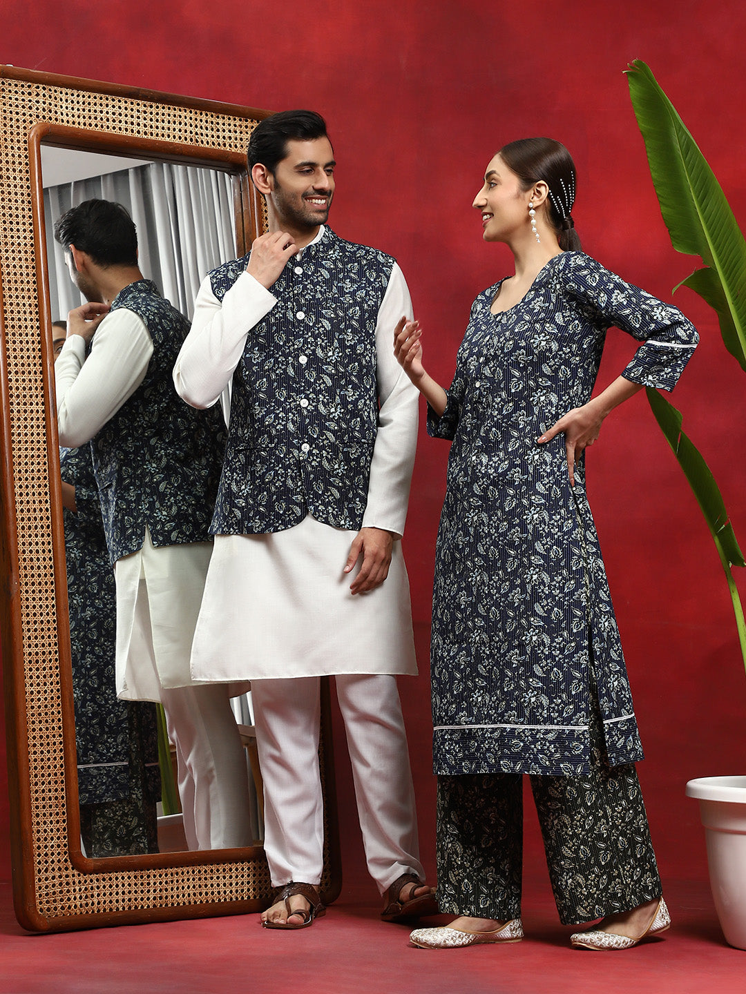Navy Blue Kantha Work Couple Combo Set - Elganza