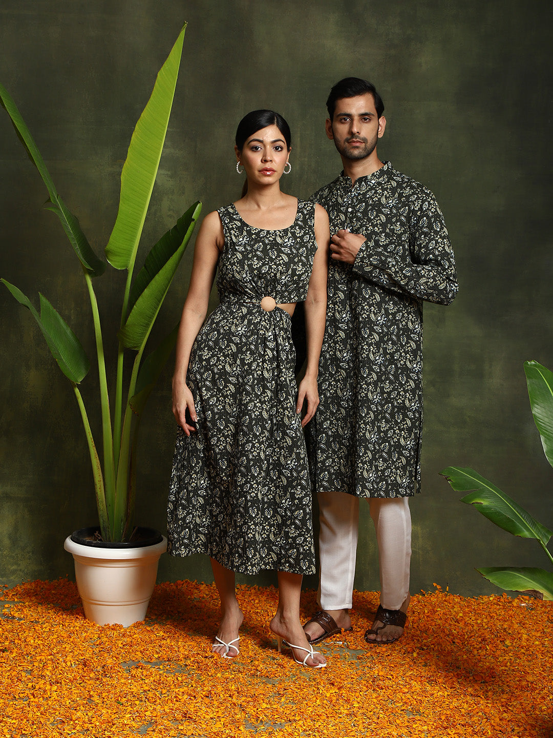 Green Floral Print Couple Combo Set - Elganza