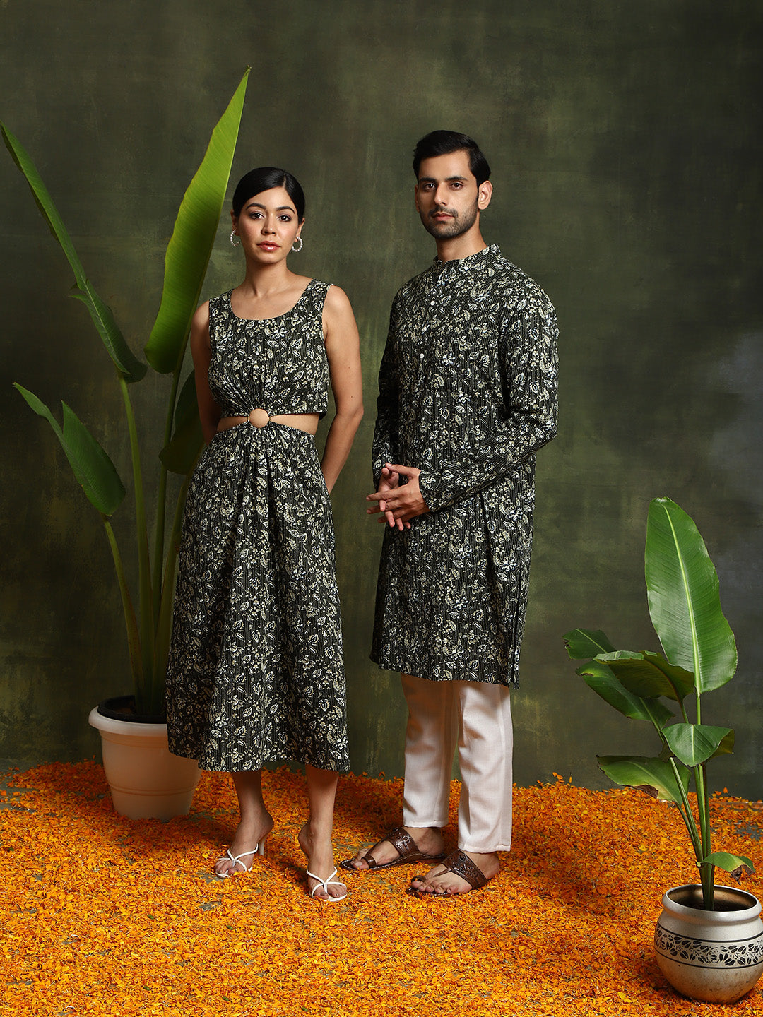 Green Floral Print Couple Combo Set - Elganza