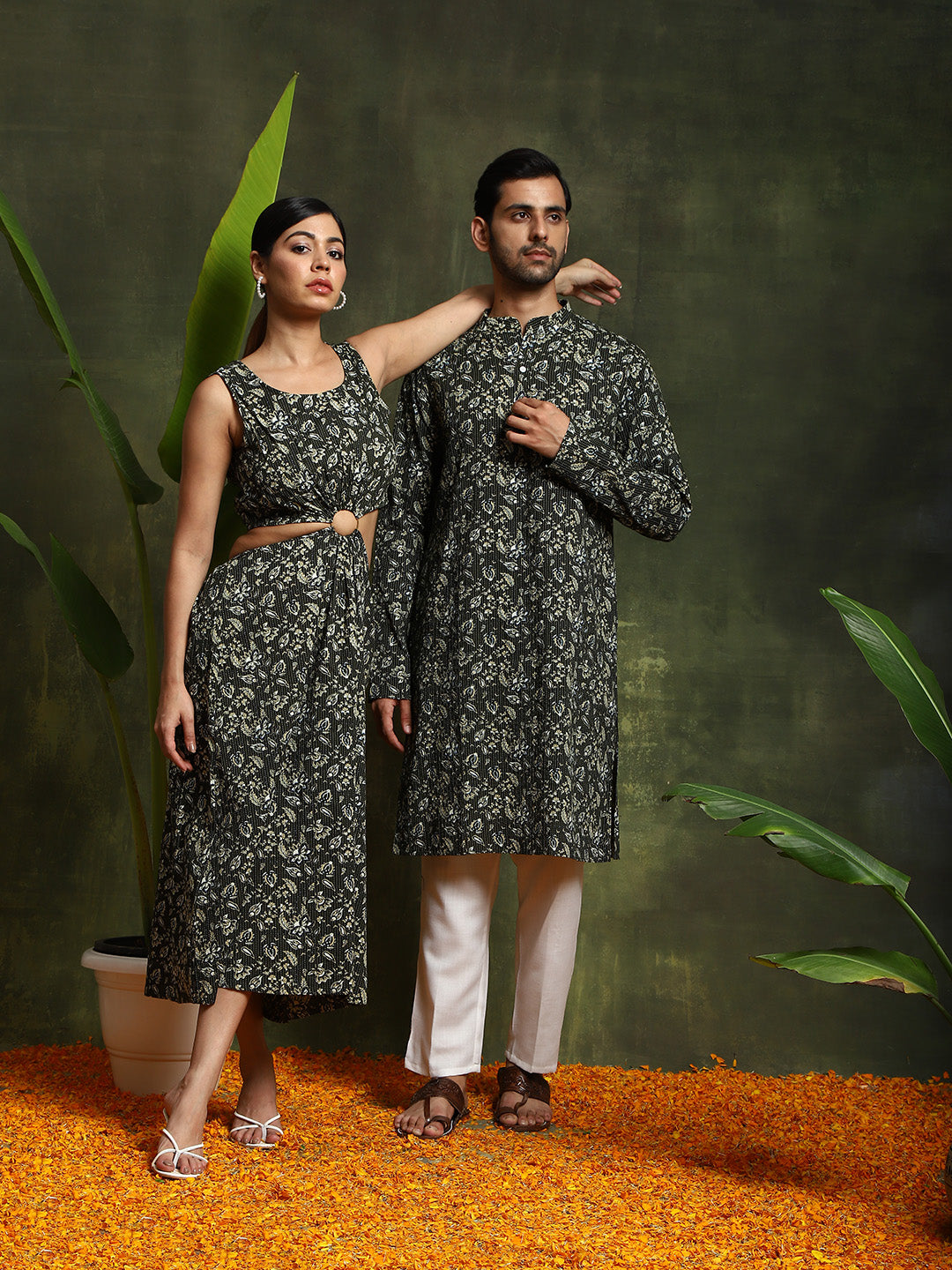 Green Floral Print Couple Combo Set - Elganza