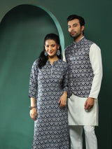Navy Blue & White Printed Couple Combo Set - Elganza