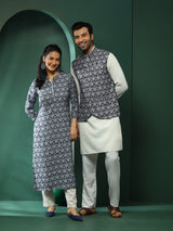 Navy Blue & White Printed Couple Combo Set - Elganza