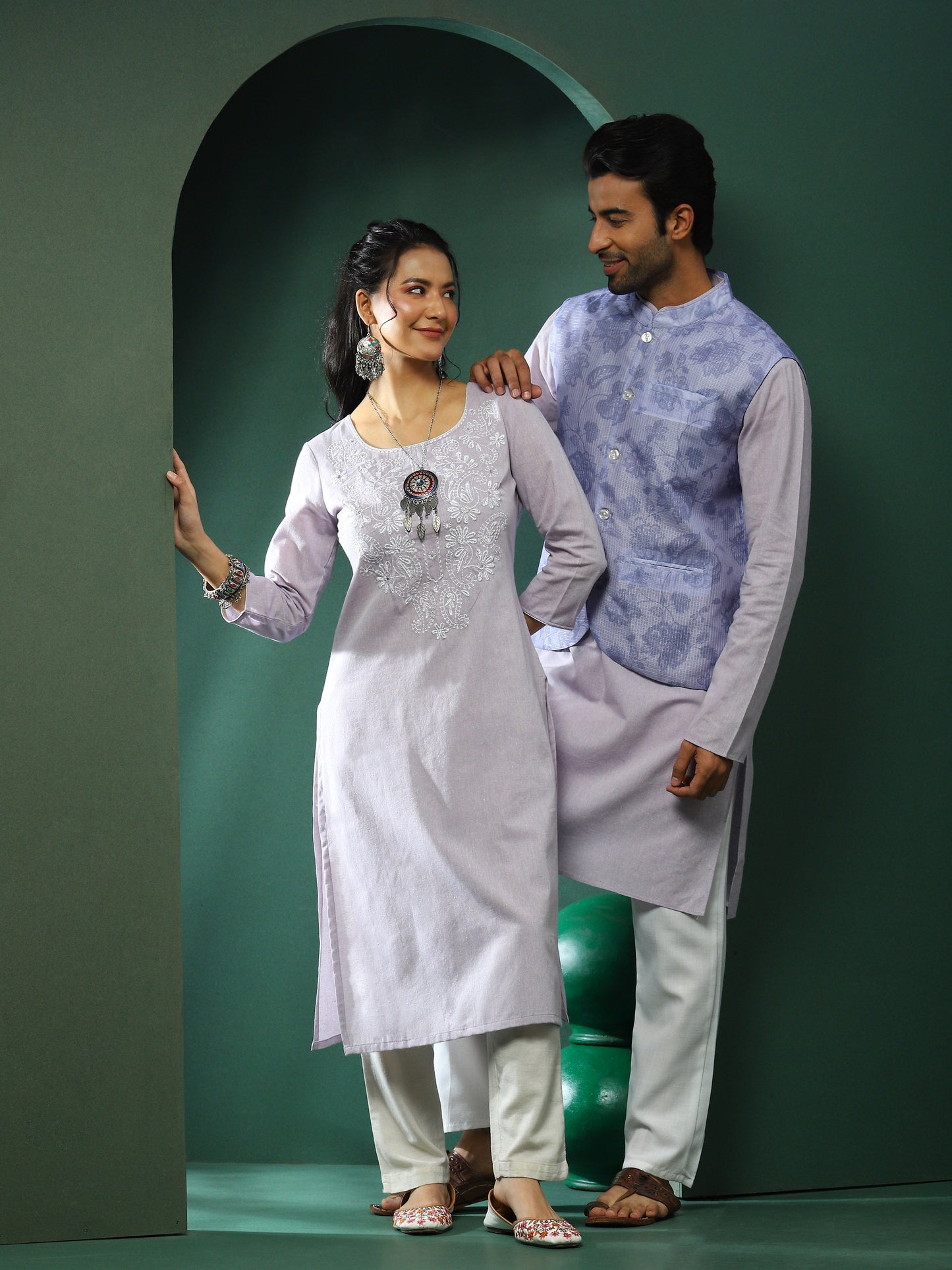 Lavender Embroidered Couple Combo Set - Elganza
