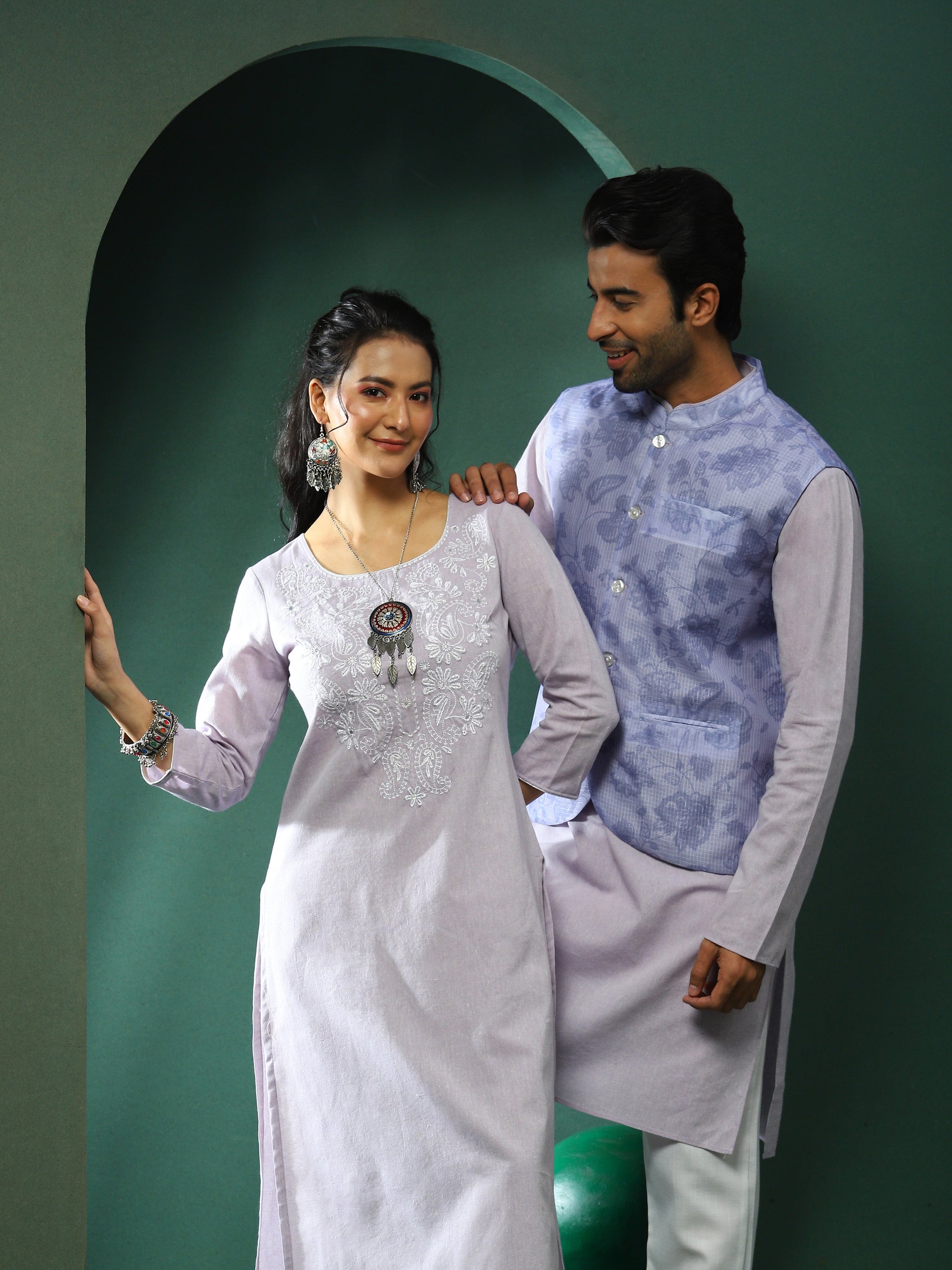Lavender Embroidered Couple Combo Set - Elganza