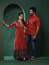 Red Patola Print Couple Combo Set - Elganza