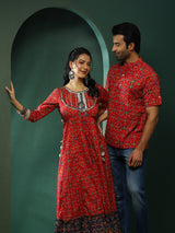 Red Patola Print Couple Combo Set - Elganza