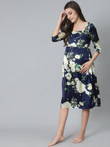 Navy Blue Floral Print Maternity Dress - Elganza