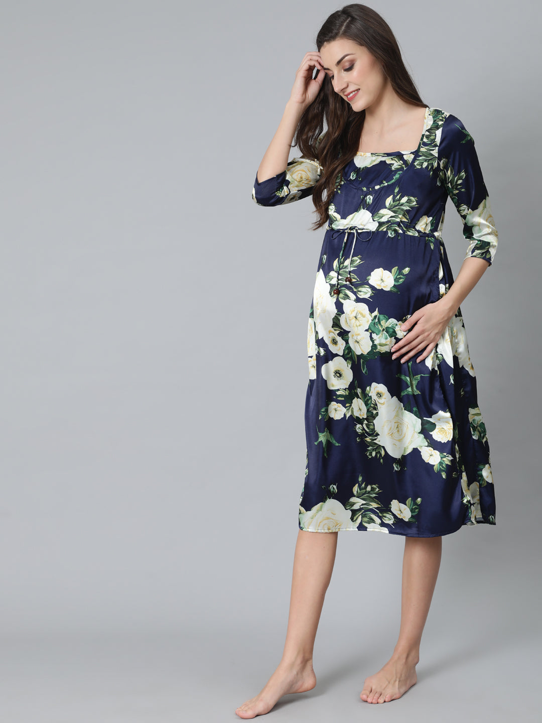 Navy Blue Floral Print Maternity Dress - Elganza