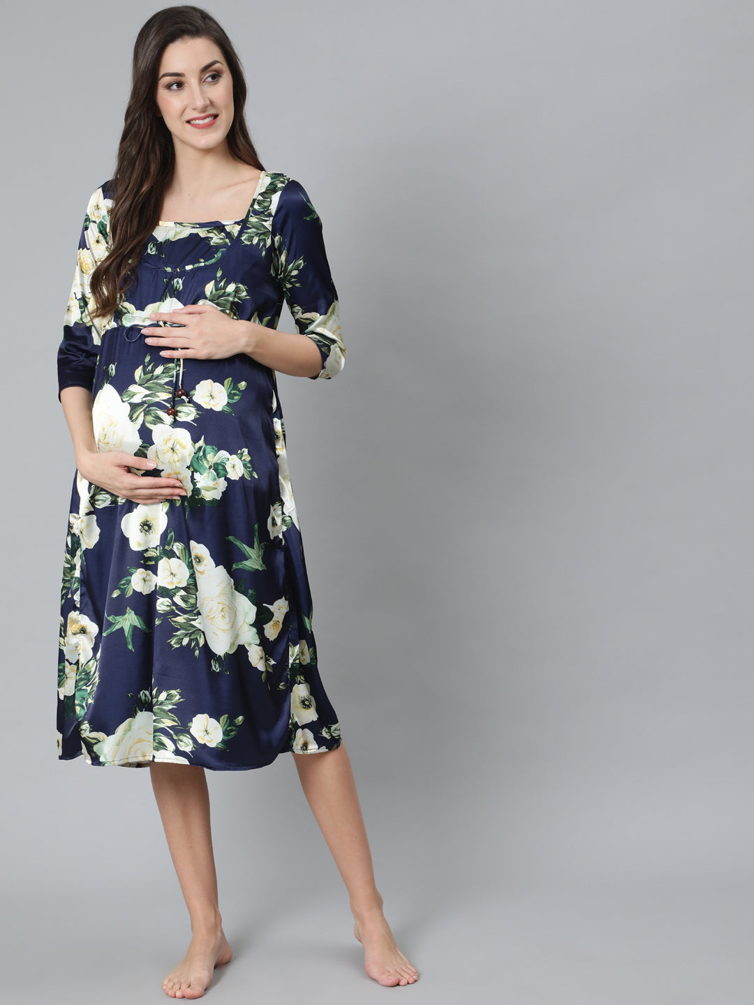 Navy Blue Floral Print Maternity Dress - Elganza