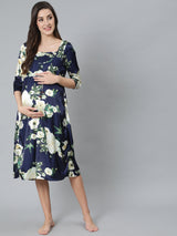 Navy Blue Floral Print Maternity Dress - Elganza