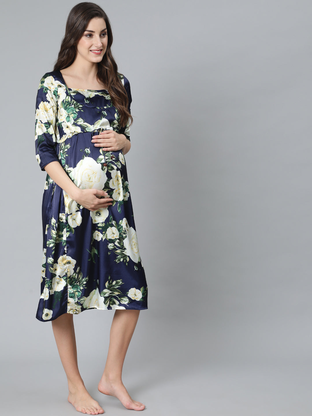 Navy Blue Floral Print Maternity Dress - Elganza