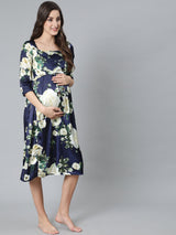 Navy Blue Floral Print Maternity Dress - Elganza