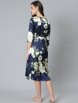 Navy Blue Floral Print Maternity Dress - Elganza