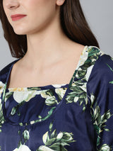 Navy Blue Floral Print Maternity Dress - Elganza