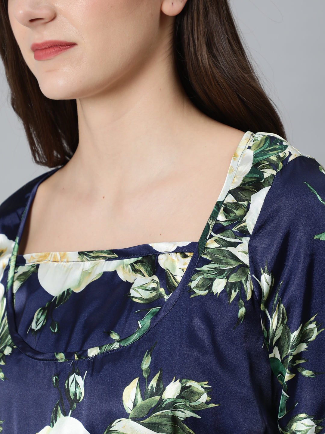 Navy Blue Floral Print Maternity Dress - Elganza