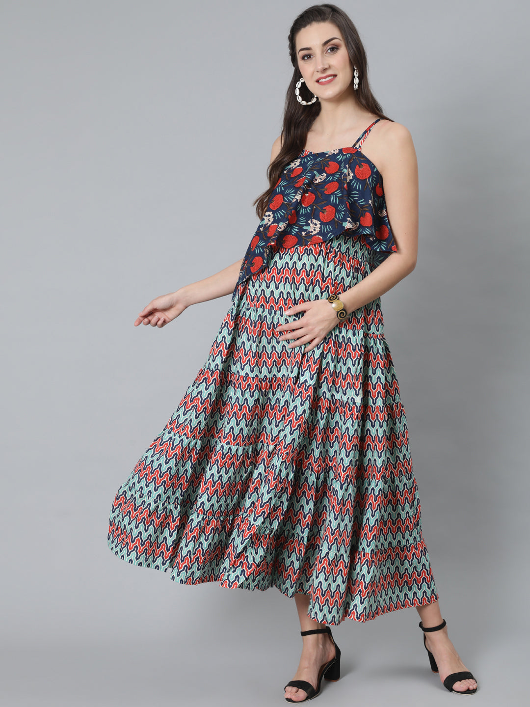 Blue Printed Maxi Dress With Cape Top - Elganza