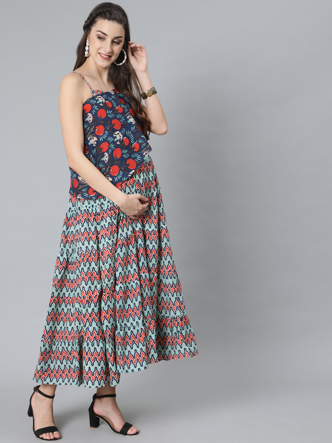 Blue Printed Maxi Dress With Cape Top - Elganza