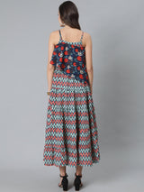 Blue Printed Maxi Dress With Cape Top - Elganza