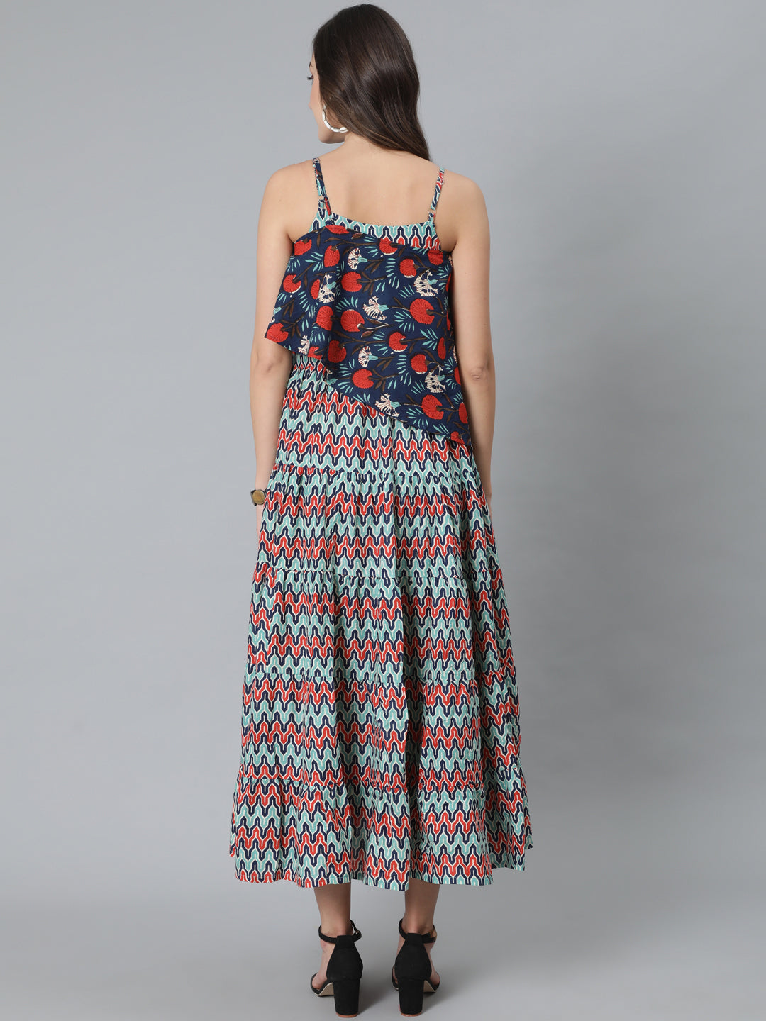 Blue Printed Maxi Dress With Cape Top - Elganza