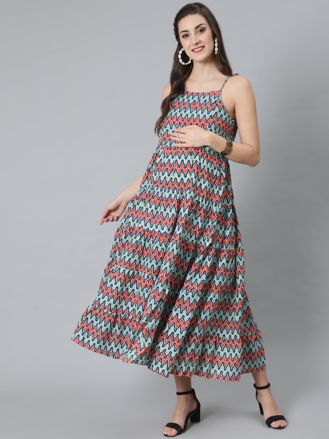 Blue Printed Maxi Dress With Cape Top - Elganza