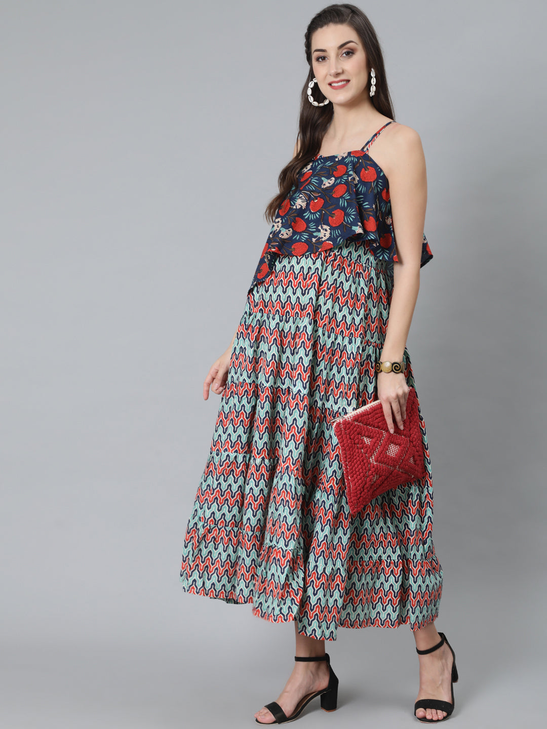 Blue Printed Maxi Dress With Cape Top - Elganza