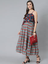 Blue Printed Maxi Dress With Cape Top - Elganza