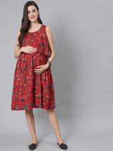 Red Floral Print Dress - Elganza