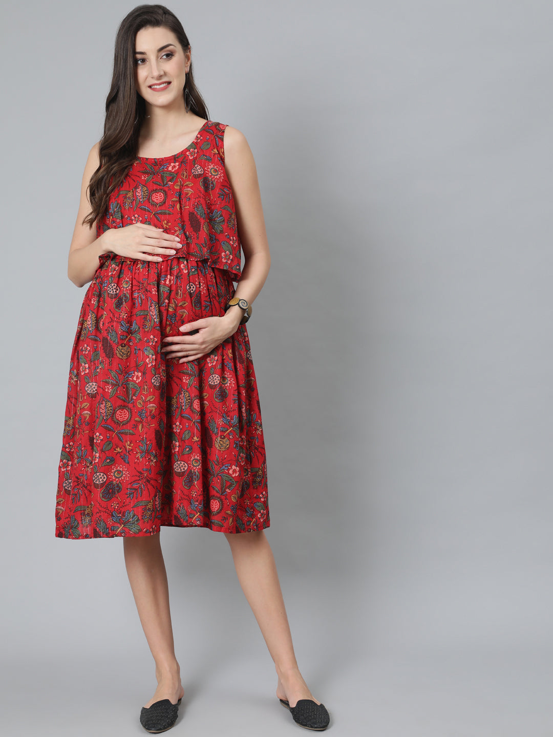 Red Floral Print Dress - Elganza