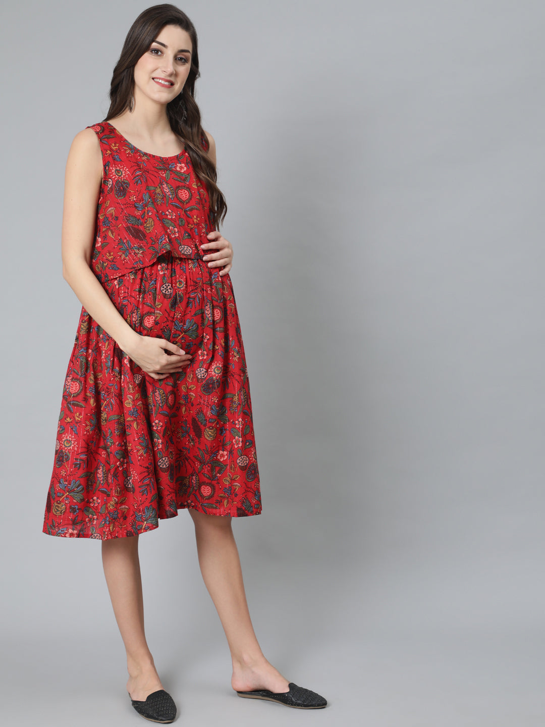 Red Floral Print Dress - Elganza
