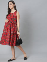 Red Floral Print Dress - Elganza
