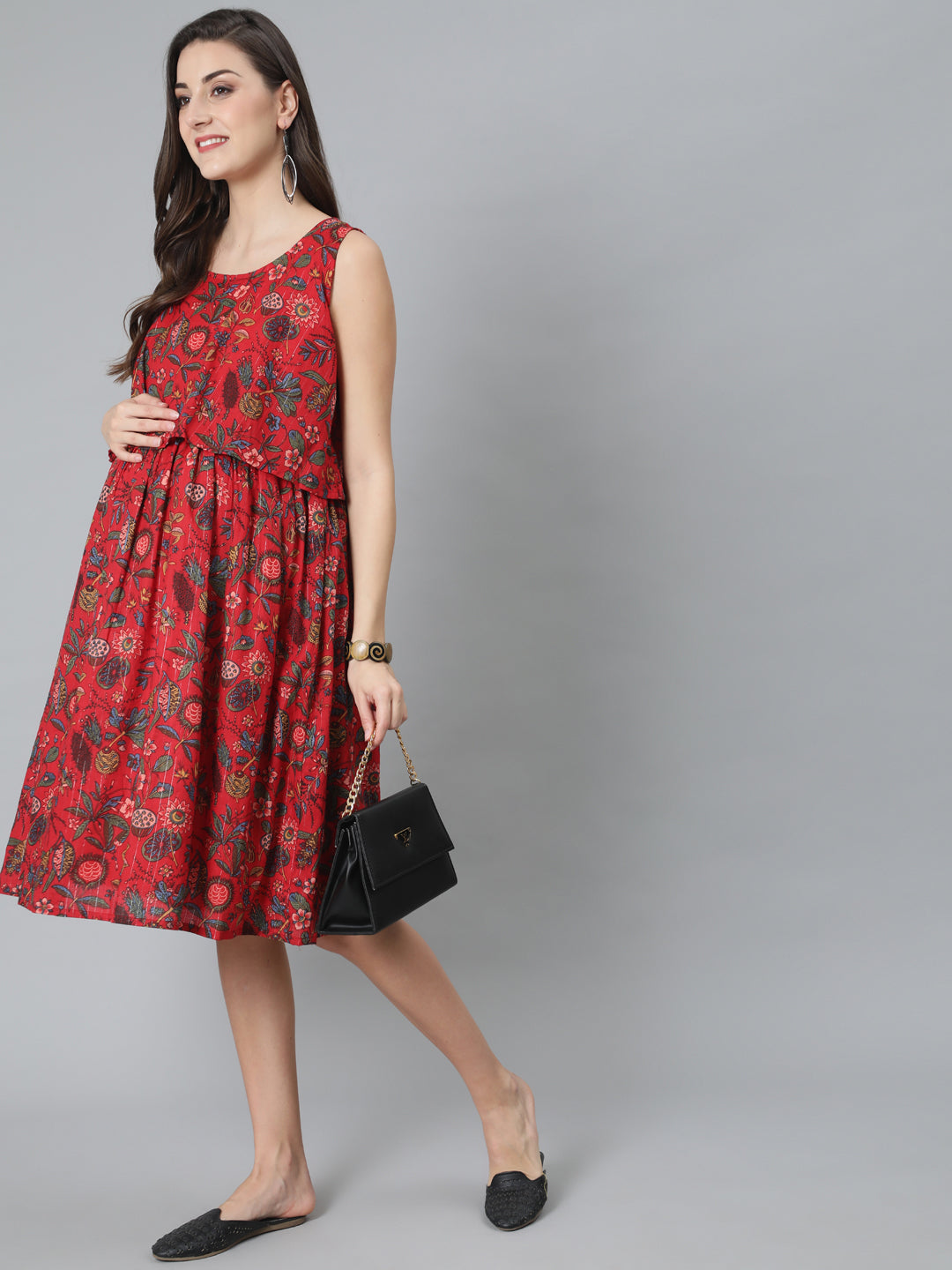 Red Floral Print Dress - Elganza