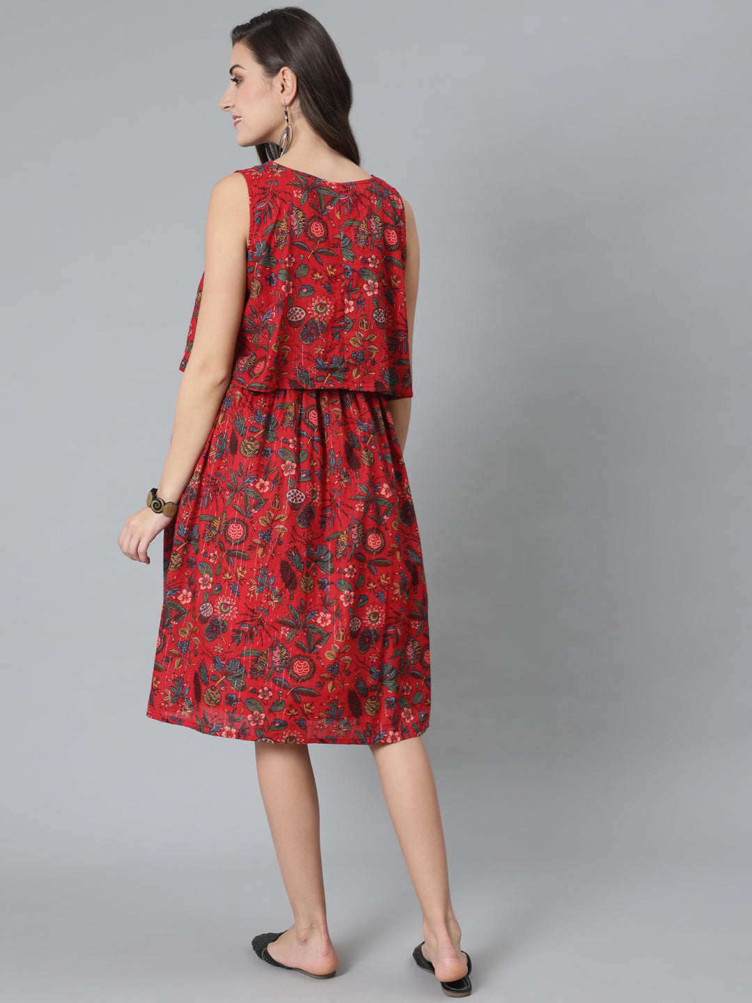 Red Floral Print Dress - Elganza