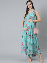 Blue Floral Print Maxi Dress - Elganza