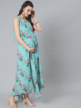 Blue Floral Print Maxi Dress - Elganza