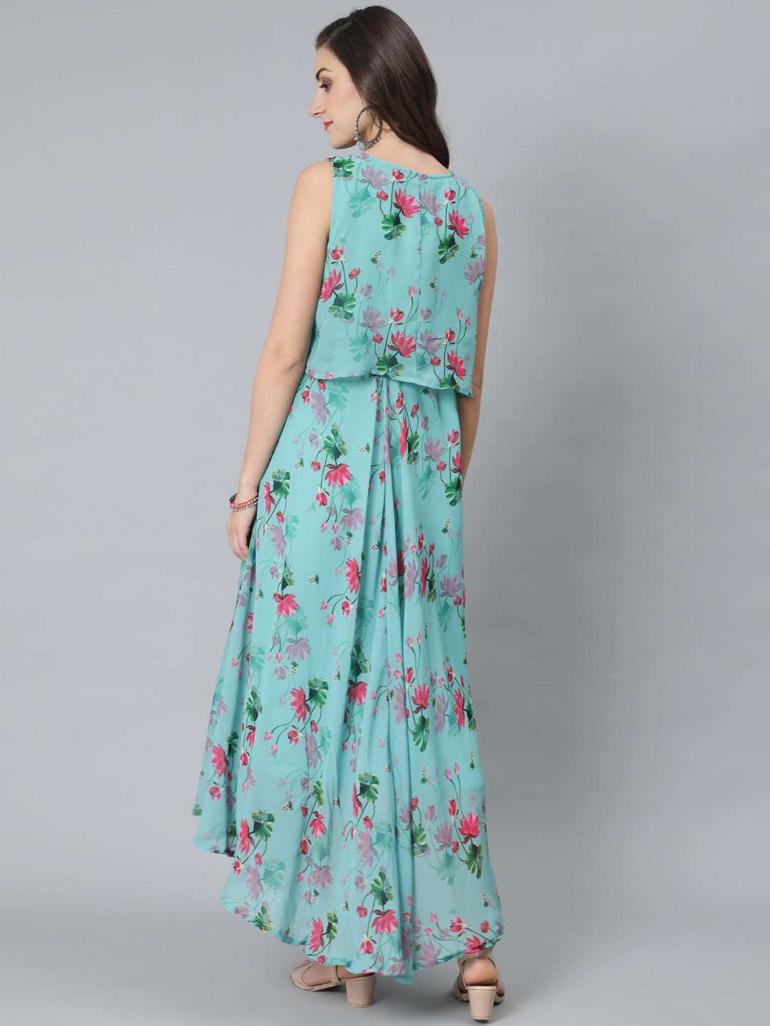 Blue Floral Print Maxi Dress - Elganza