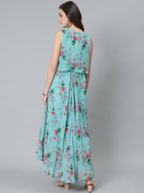 Blue Floral Print Maxi Dress - Elganza