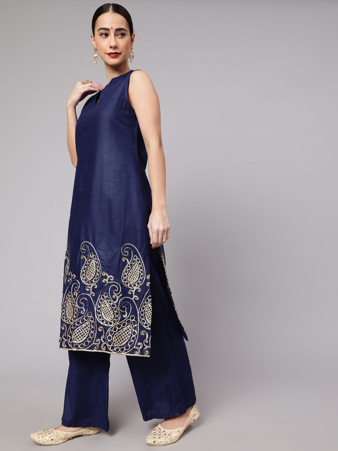 Navy Blue Embroidered Kurta With Palazzo - Elganza