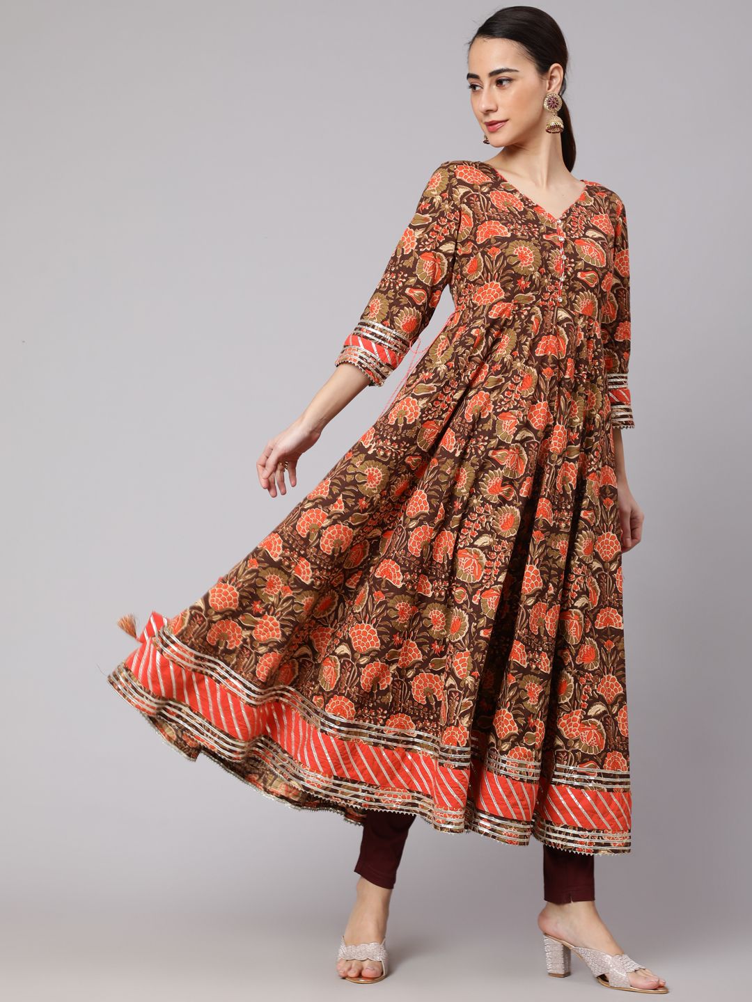 Brown Floral Print Anarkali With Dupatta - Elganza