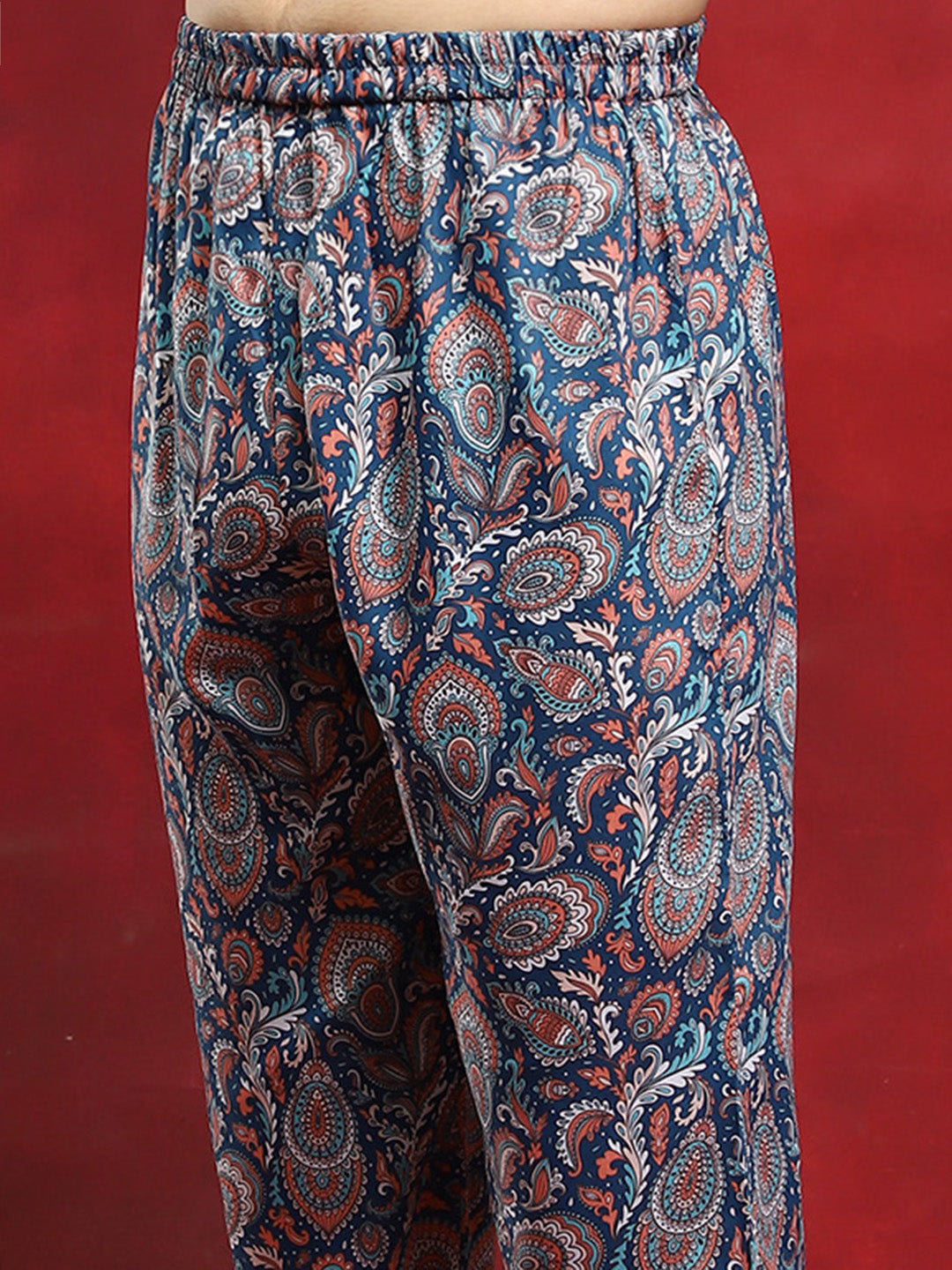 Blue Printed Pathani Kurta With Pyjama - Elganza