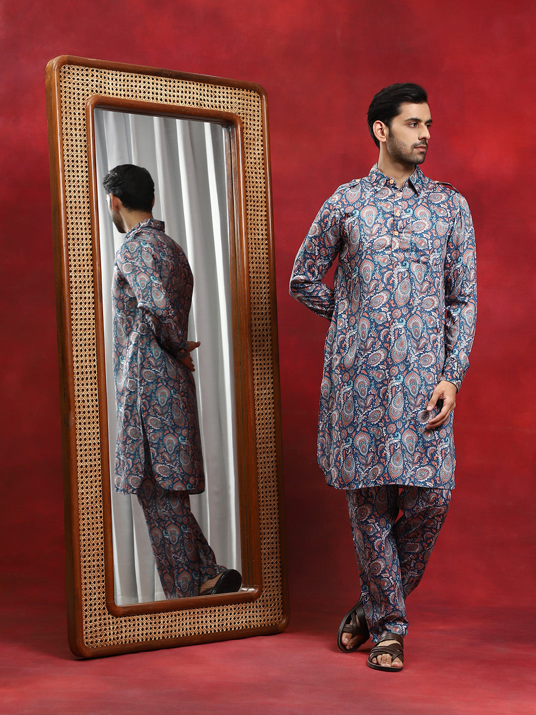 Blue Printed Pathani Kurta With Pyjama - Elganza