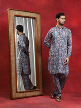Blue Printed Pathani Kurta With Pyjama - Elganza