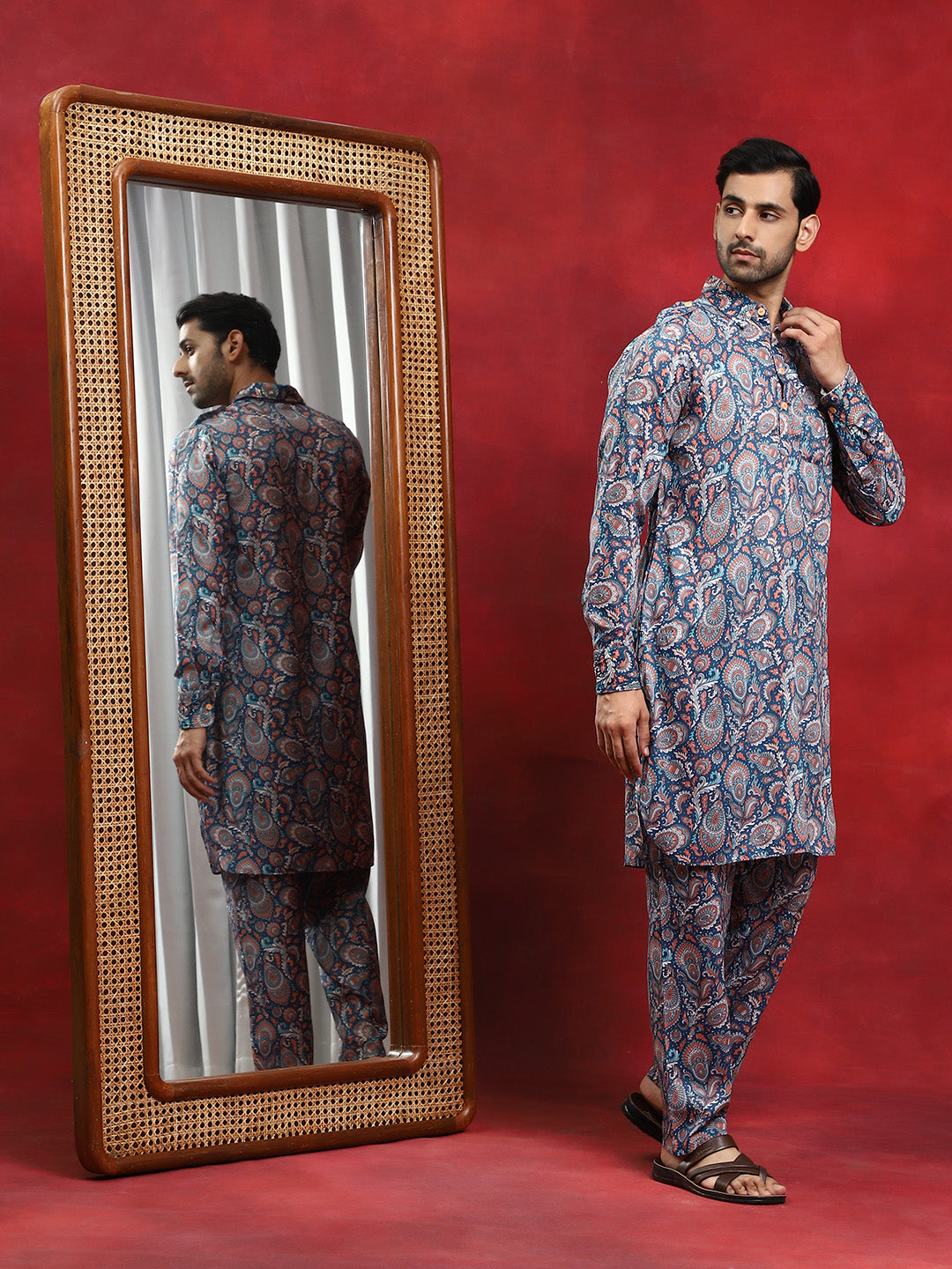 Blue Printed Pathani Kurta With Pyjama - Elganza